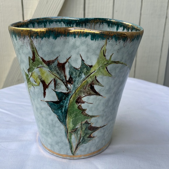 Antique Italian Majolica Sesto Fiorentino Blue Sponge Gold Thistle Vase - Picture 5 of 7